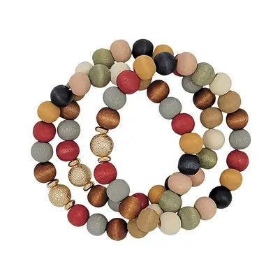 Multi Wood Beaded and Gold Set of 3 Stretch Bracelets
