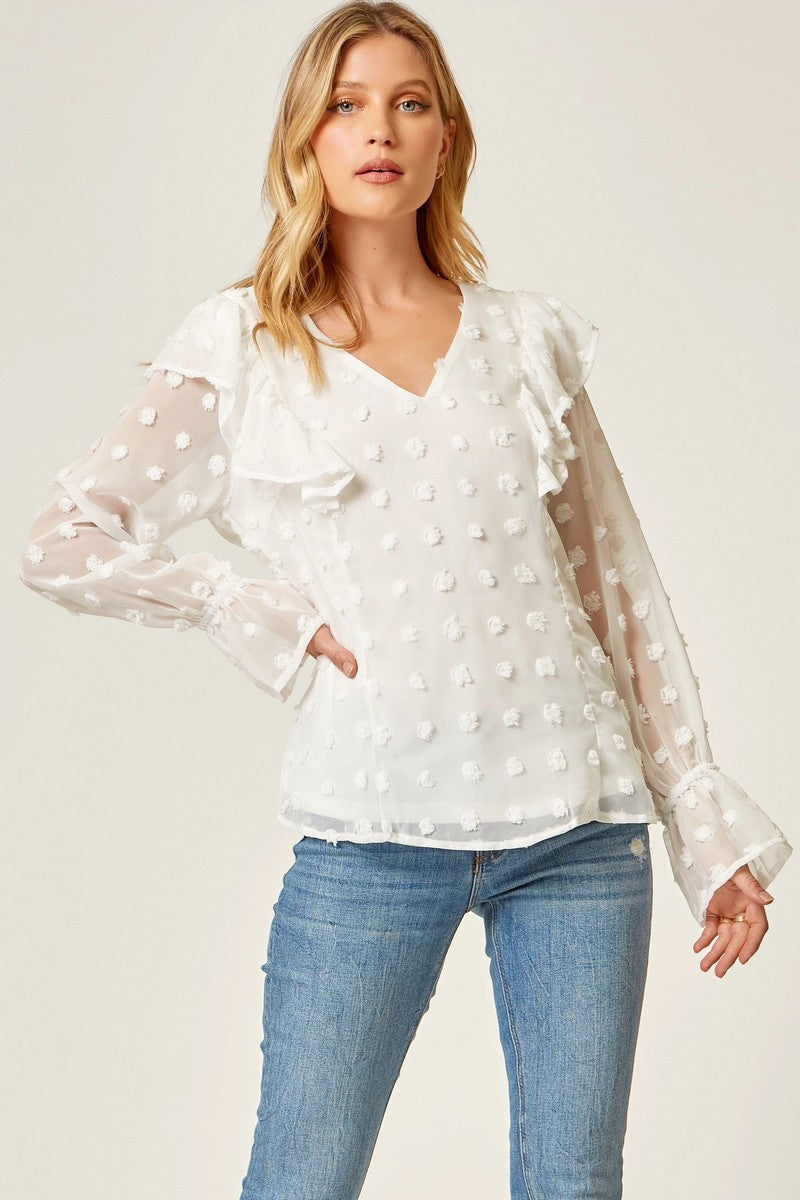 Swiss Dot V Neck Long Sleeve Top