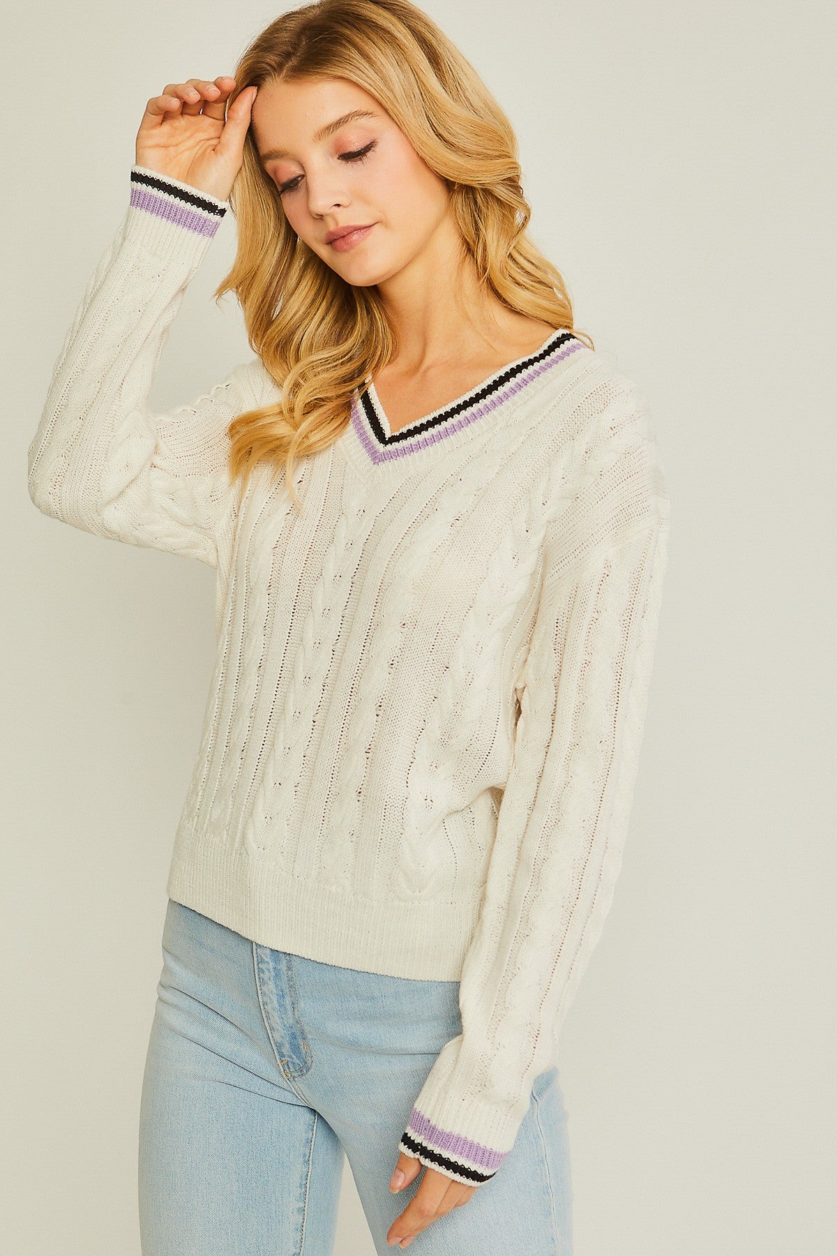 Cable Knit V Neck Sweater