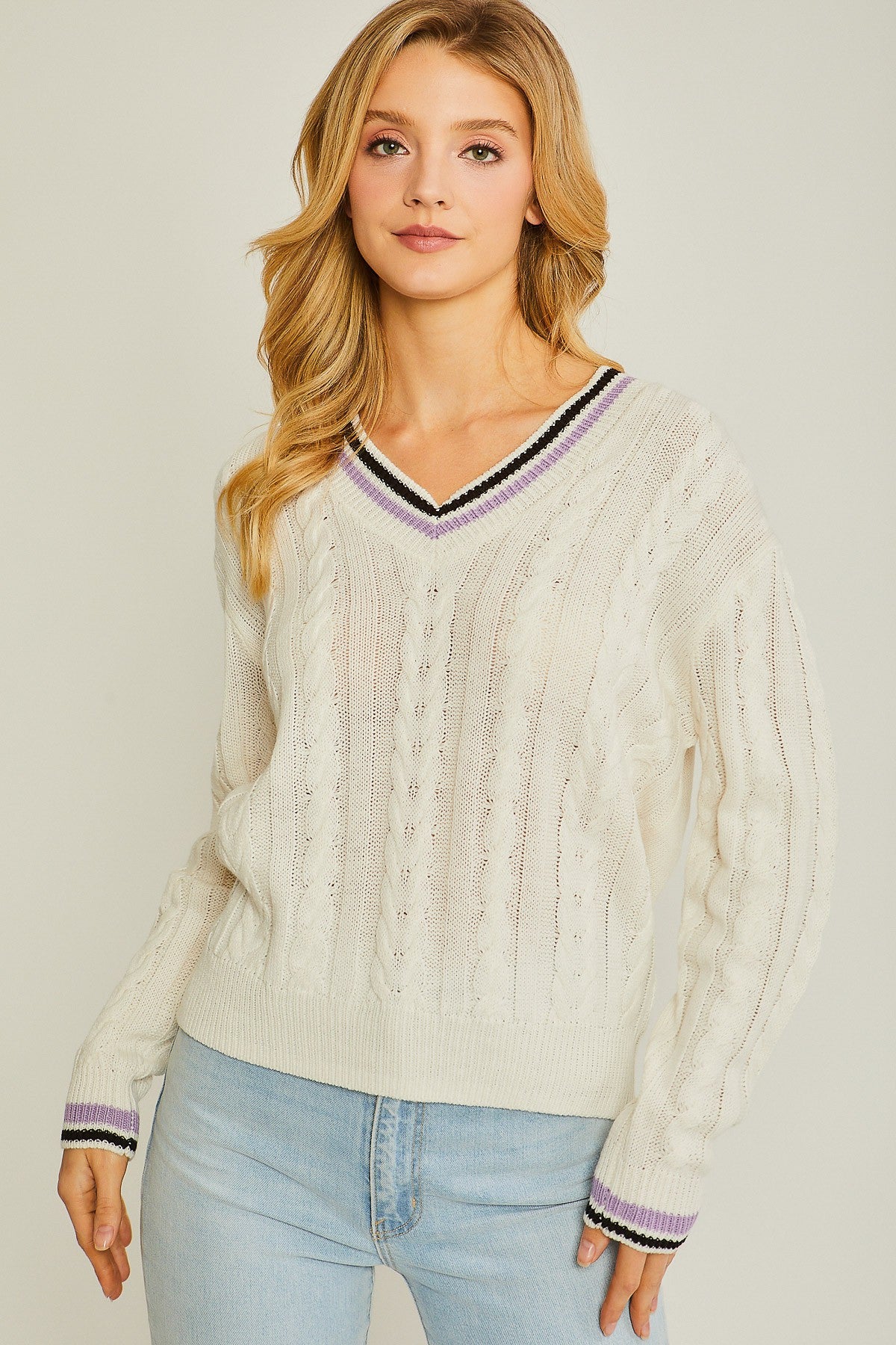 Cable Knit V Neck Sweater