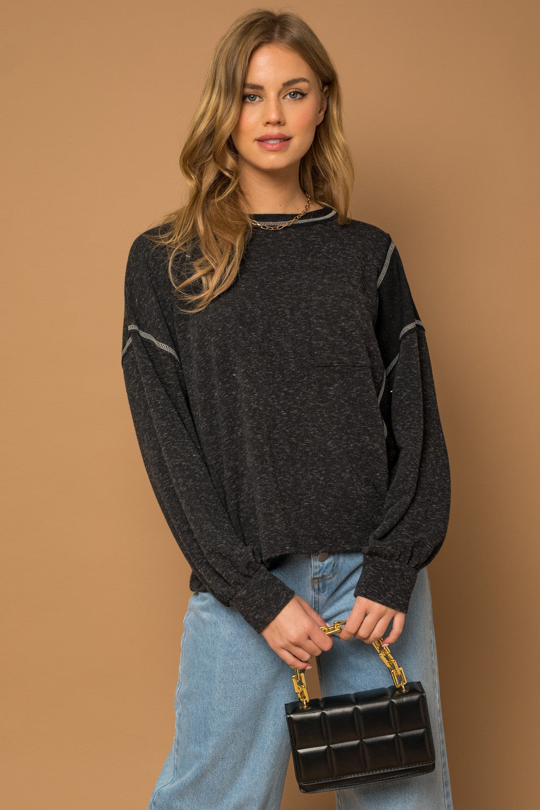 Long Sleeve Raw Edge Detail Top