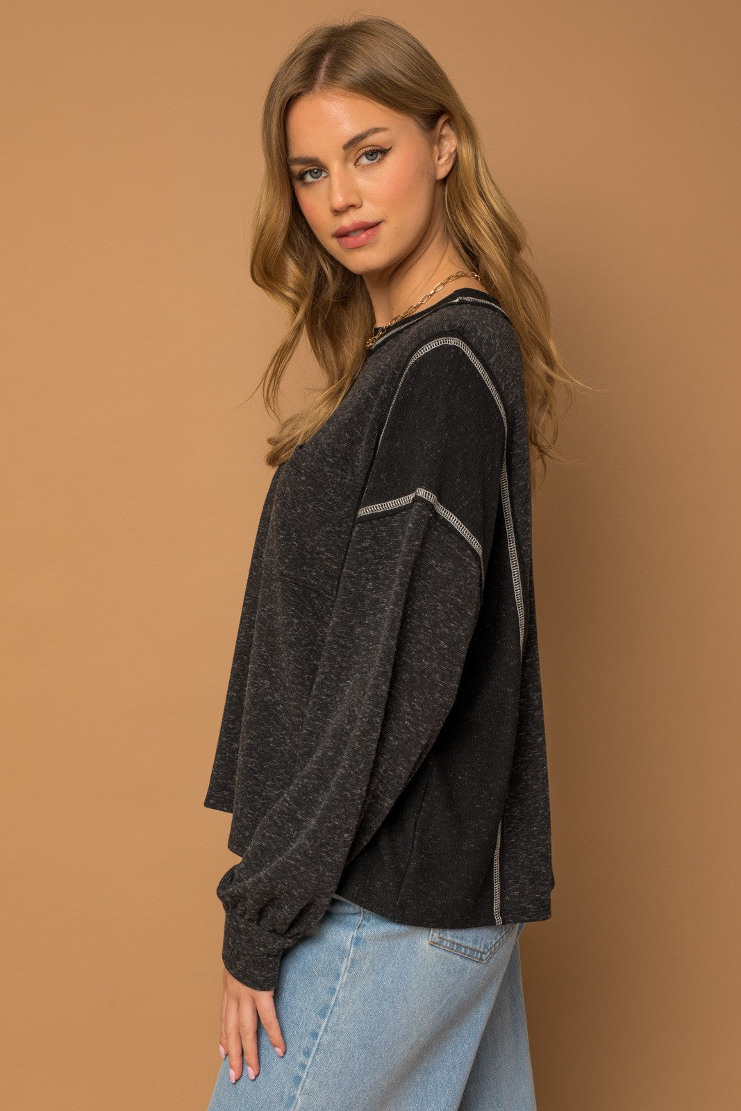 Long Sleeve Raw Edge Detail Top