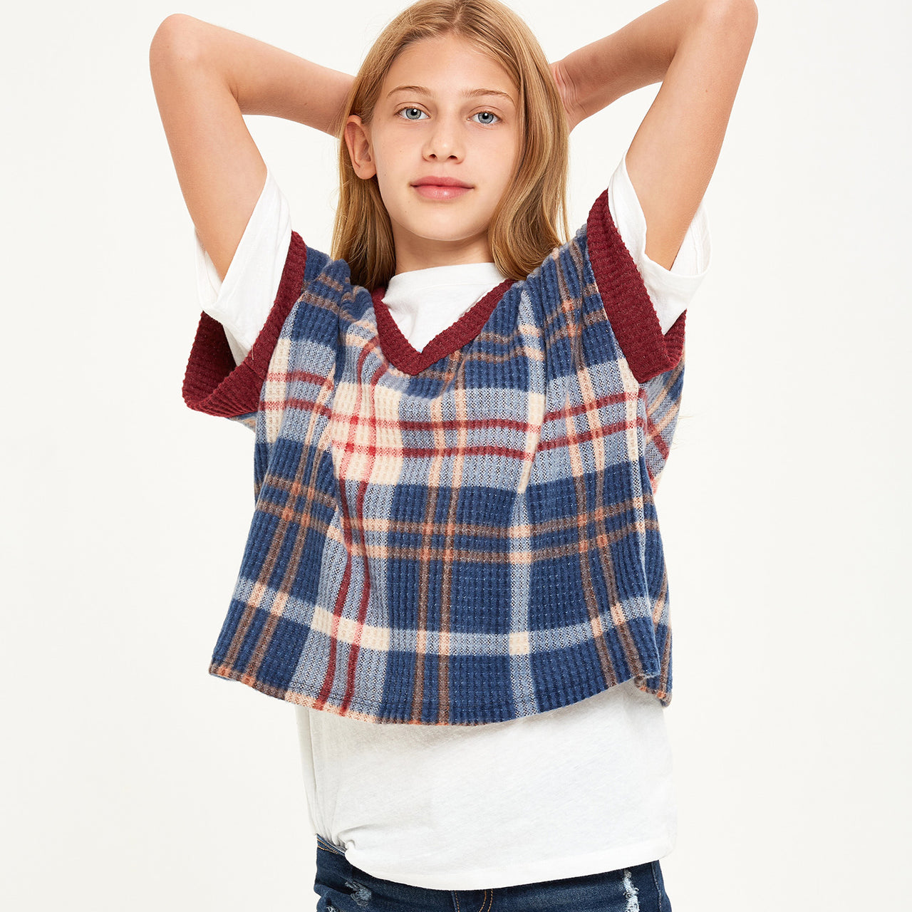 Plaid V Neck Waffle Knit Vest