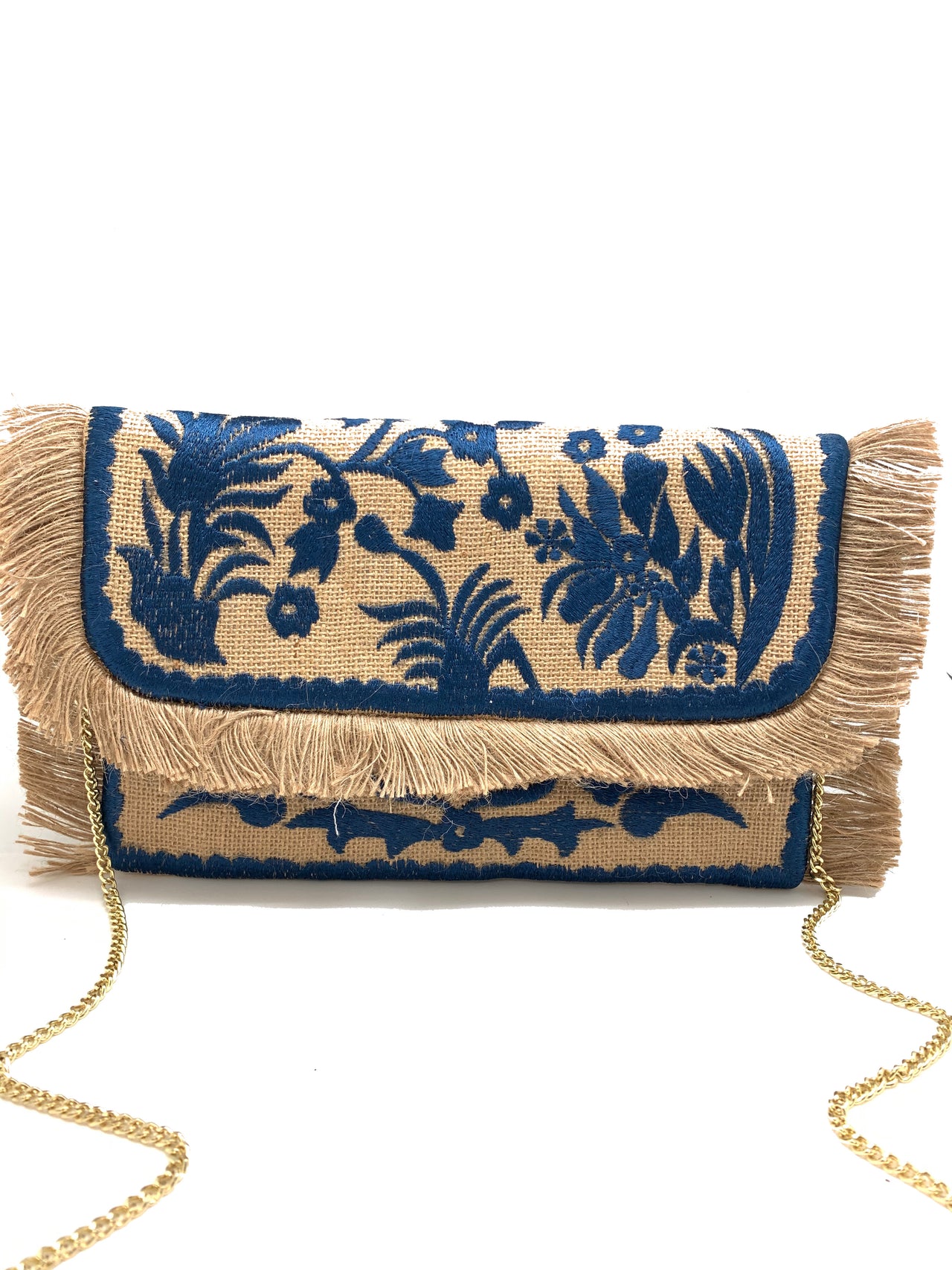 La Chic Blue Embroidered Jute Bag