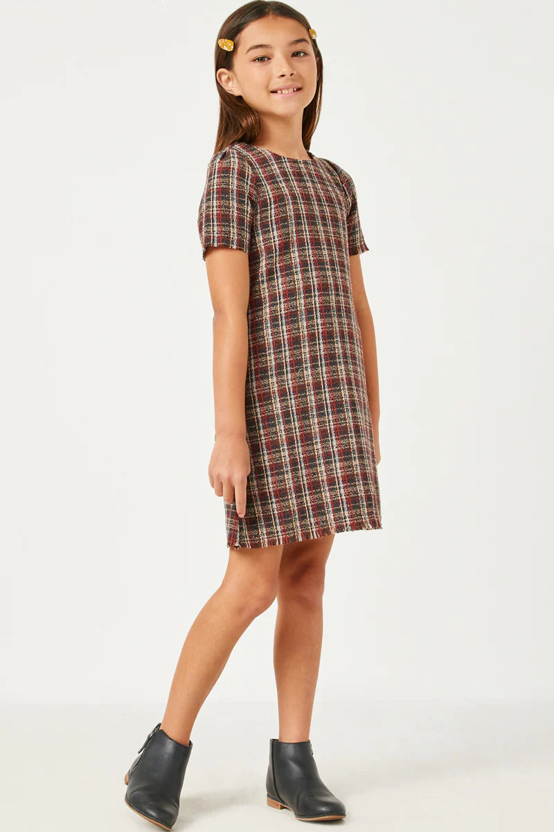 Tween Plaid Fringe Edge Shift Dress