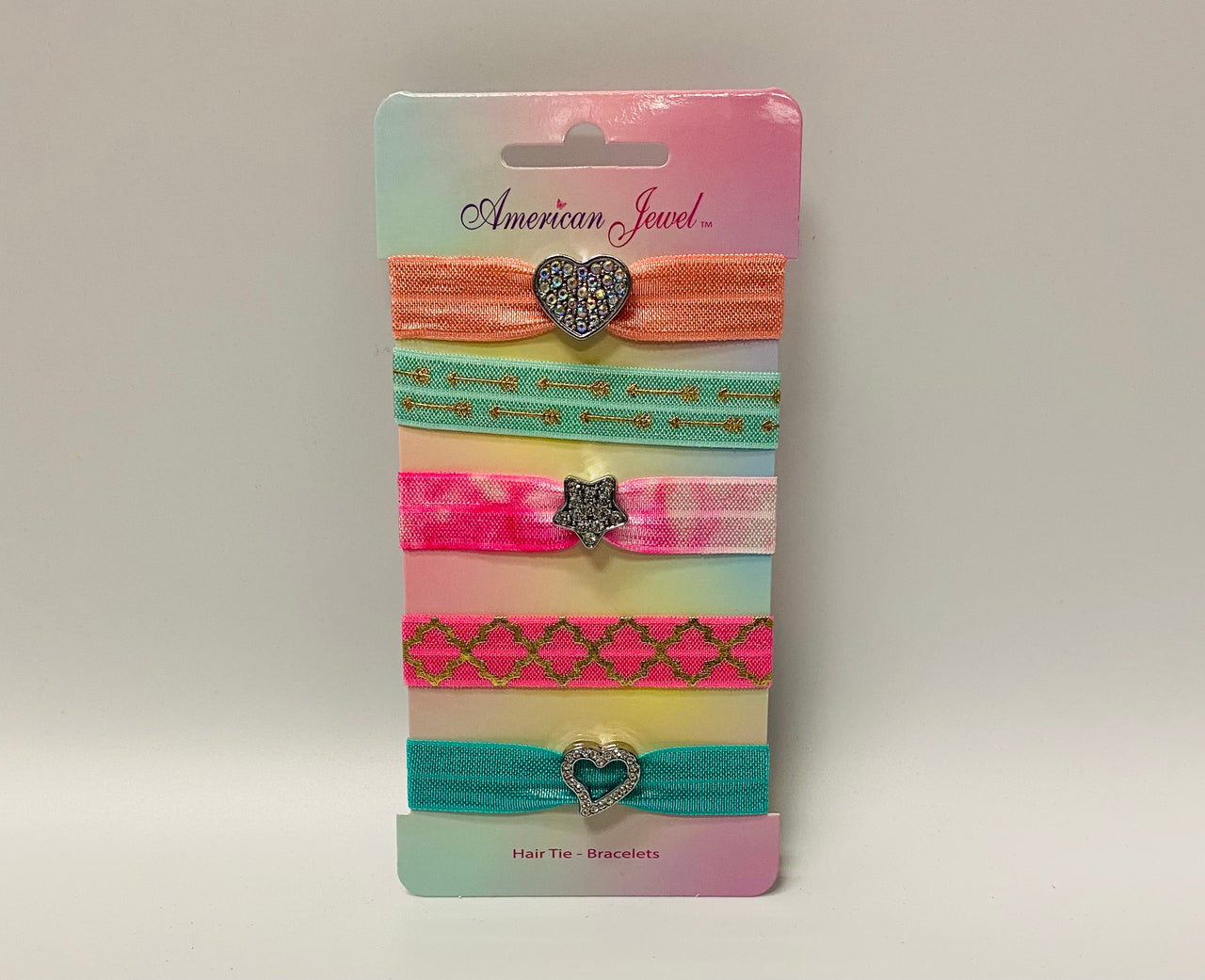 American Jewel 5 Hair Tie Cards with Silver Hearts and Stars