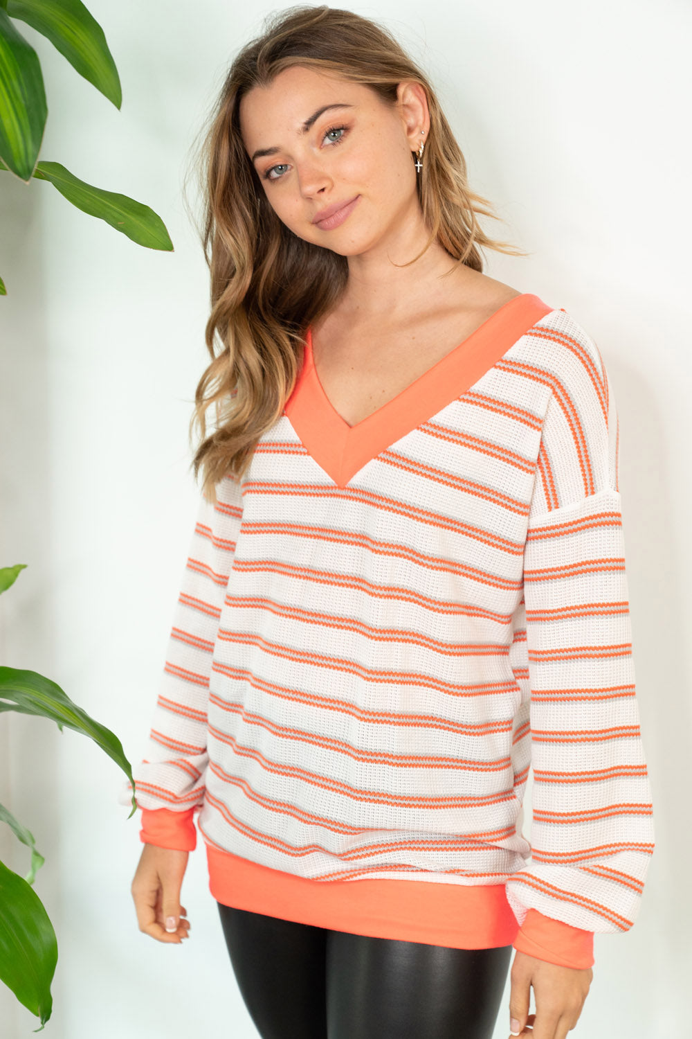 White Birch Long Sleeve Stripe Knit Top W/ V Neck