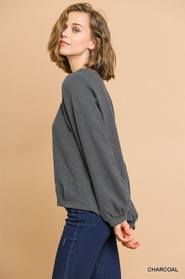 Long Puff Sleeve Round Neck Top with Pintuck Details