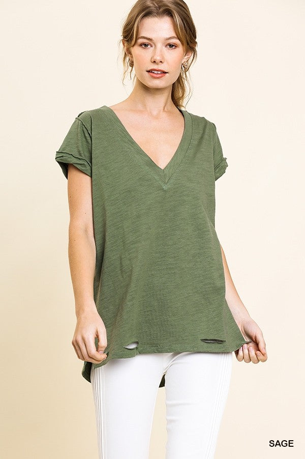 Umgee Women's Gathered Short Sleeve V Neck Top