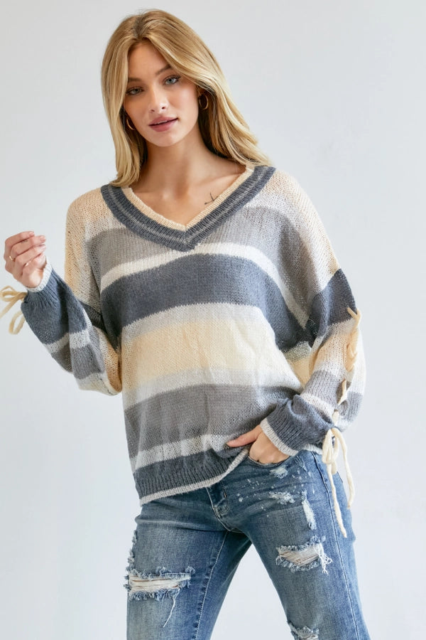 V Neck Striped Sweater with Tie Detail