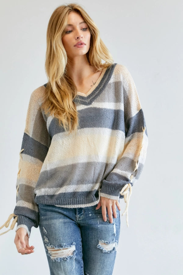 V Neck Striped Sweater with Tie Detail