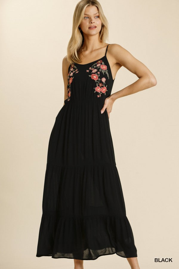 Umgee Floral Embroidered Adjustable Spaghetti Strap Tiered Maxi Dress