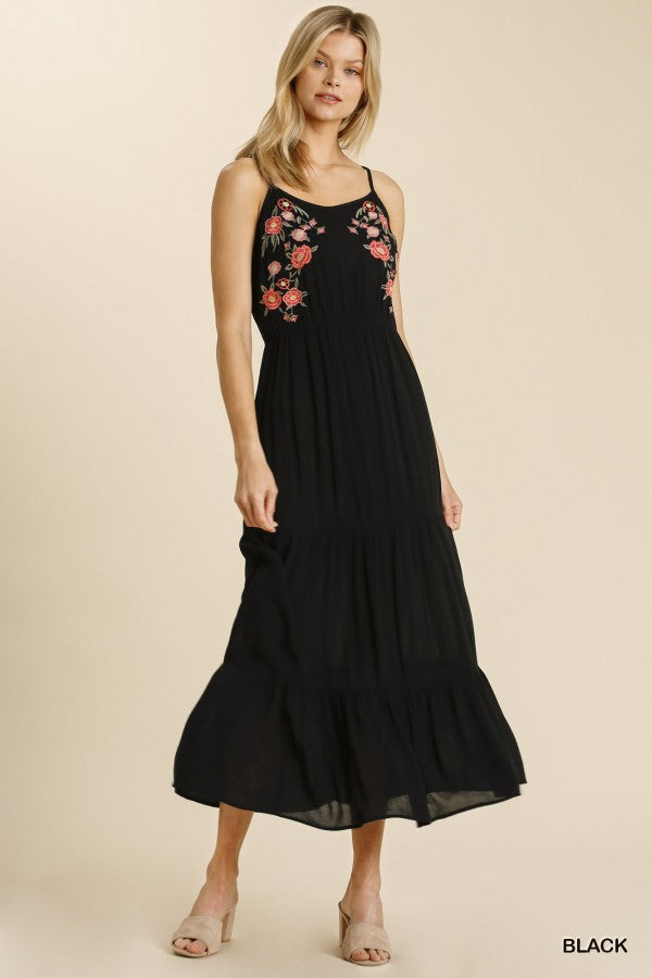 Umgee Floral Embroidered Adjustable Spaghetti Strap Tiered Maxi Dress